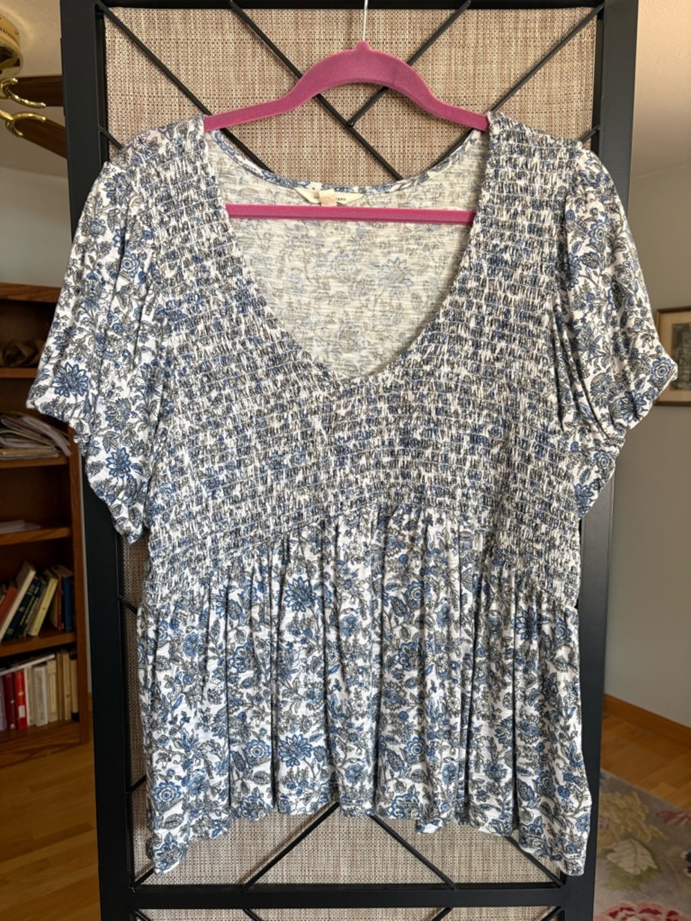Lucky Brand Blue and White Smocked V-Neck Peplum Top